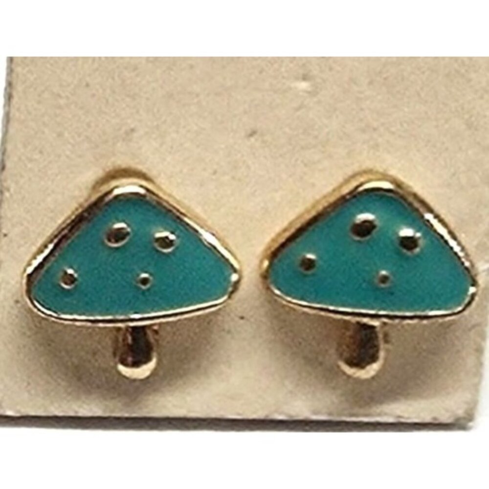 Vintage Tiny‎ Gold-Tone Teal Spotted Mushroom Stud Pierced Earrings Blue Enamel
